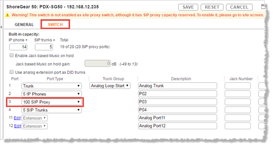 Summary of Switch tab